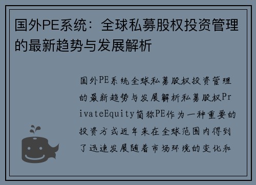 国外PE系统：全球私募股权投资管理的最新趋势与发展解析